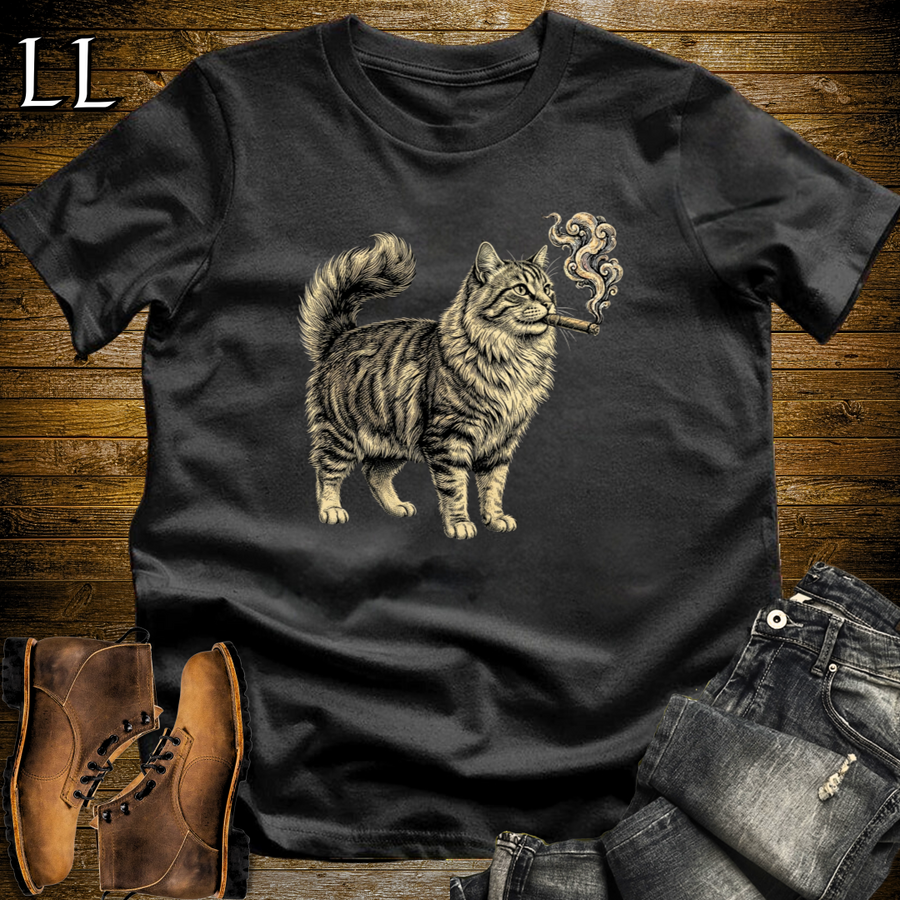 Vintage Cigar Siberian Cat T-Shirt Black | Funny Cigar Cat Tee