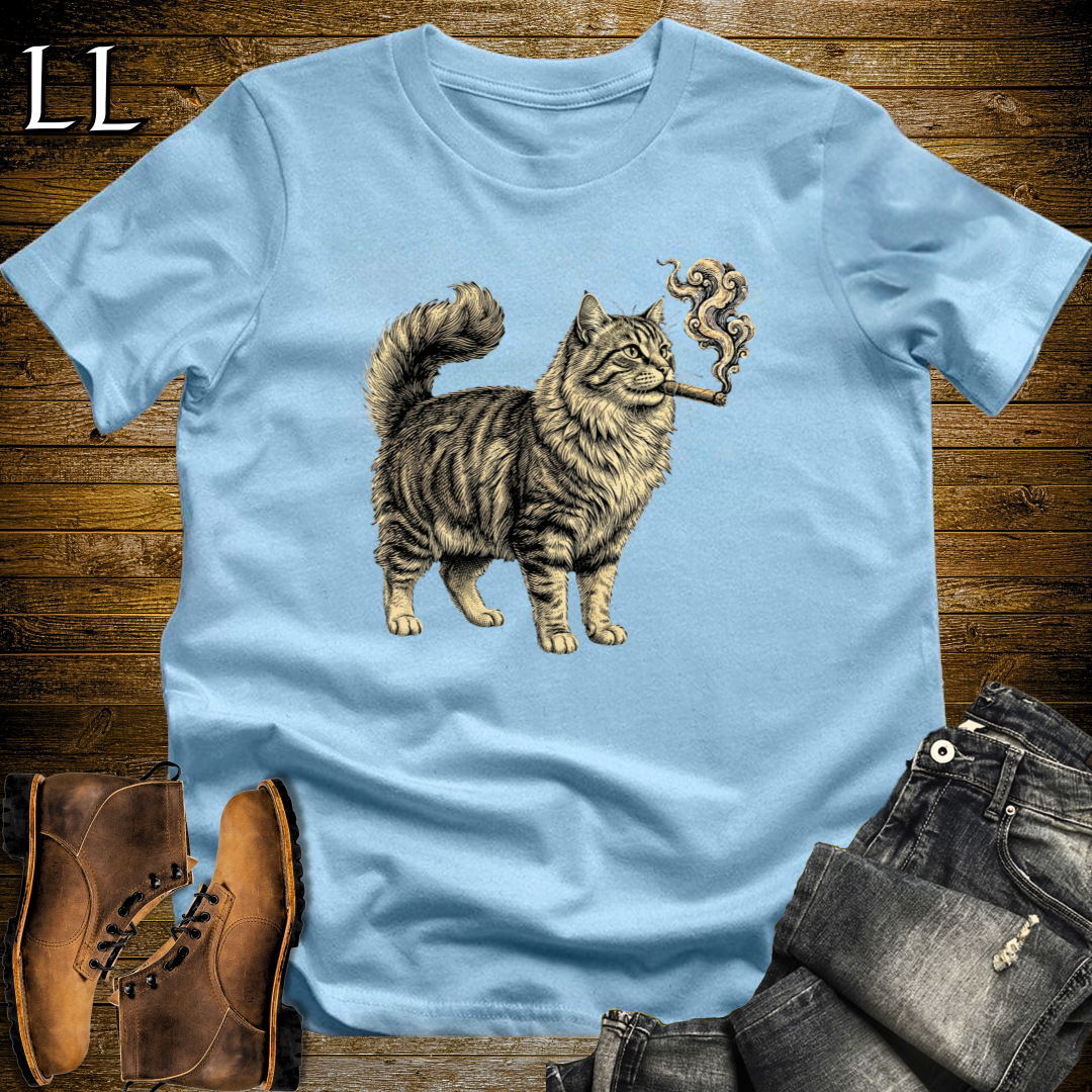Vintage Cigar Siberian Cat T-Shirt Light Blue | Funny Cigar Cat Tee