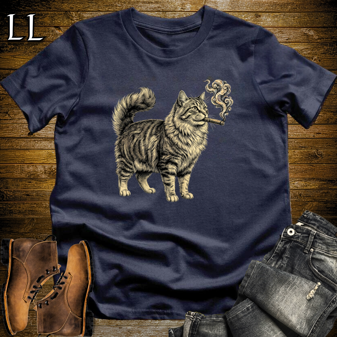 Vintage Cigar Siberian Cat T-Shirt Navy | Funny Cigar Cat Tee
