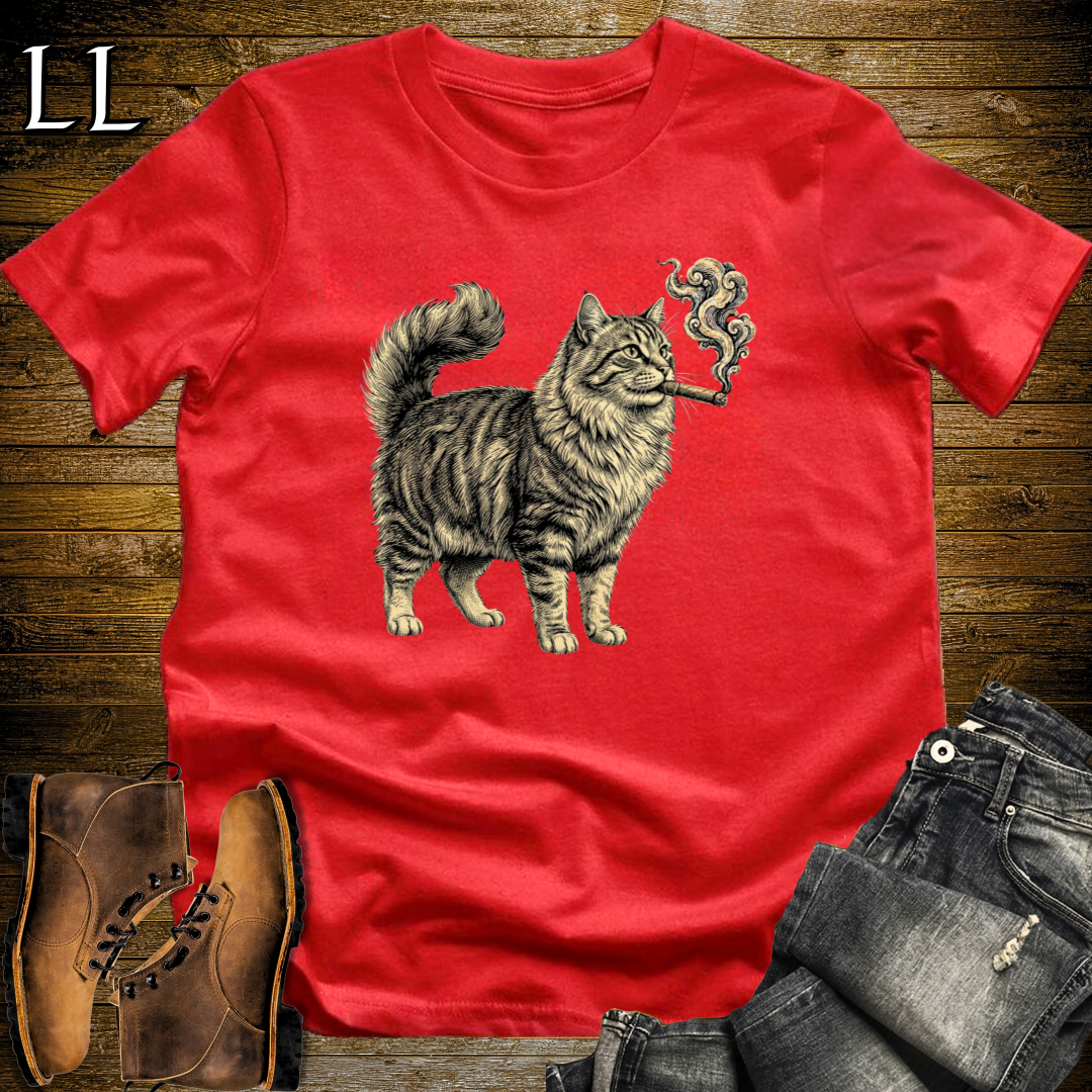 Vintage Cigar Siberian Cat T-Shirt Red | Funny Cigar Cat Tee
