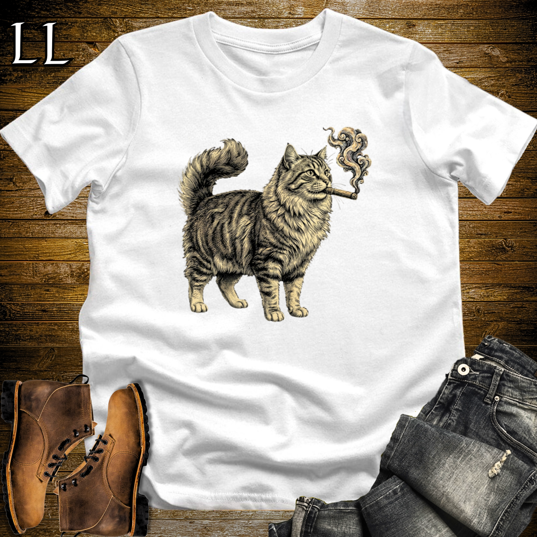 Vintage Cigar Siberian Cat T-Shirt White | Funny Cigar Cat Tee