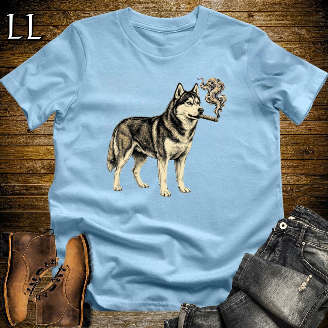 Vintage Cigar Siberian Husky T-Shirt Light Blue | Cigar Siberian Husky Dog Tee