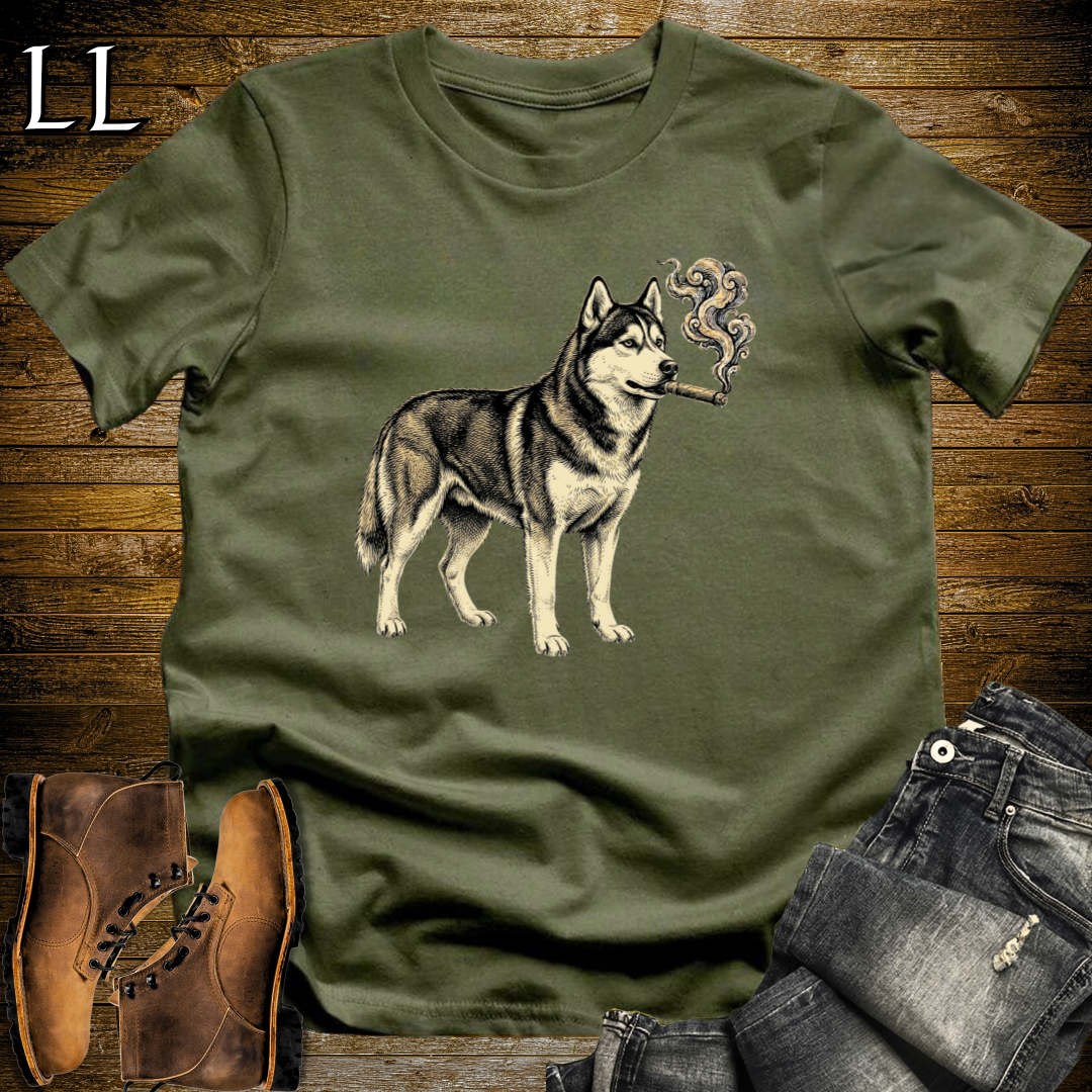 Vintage Cigar Siberian Husky T-Shirt Military Green | Cigar Siberian Husky Dog Tee