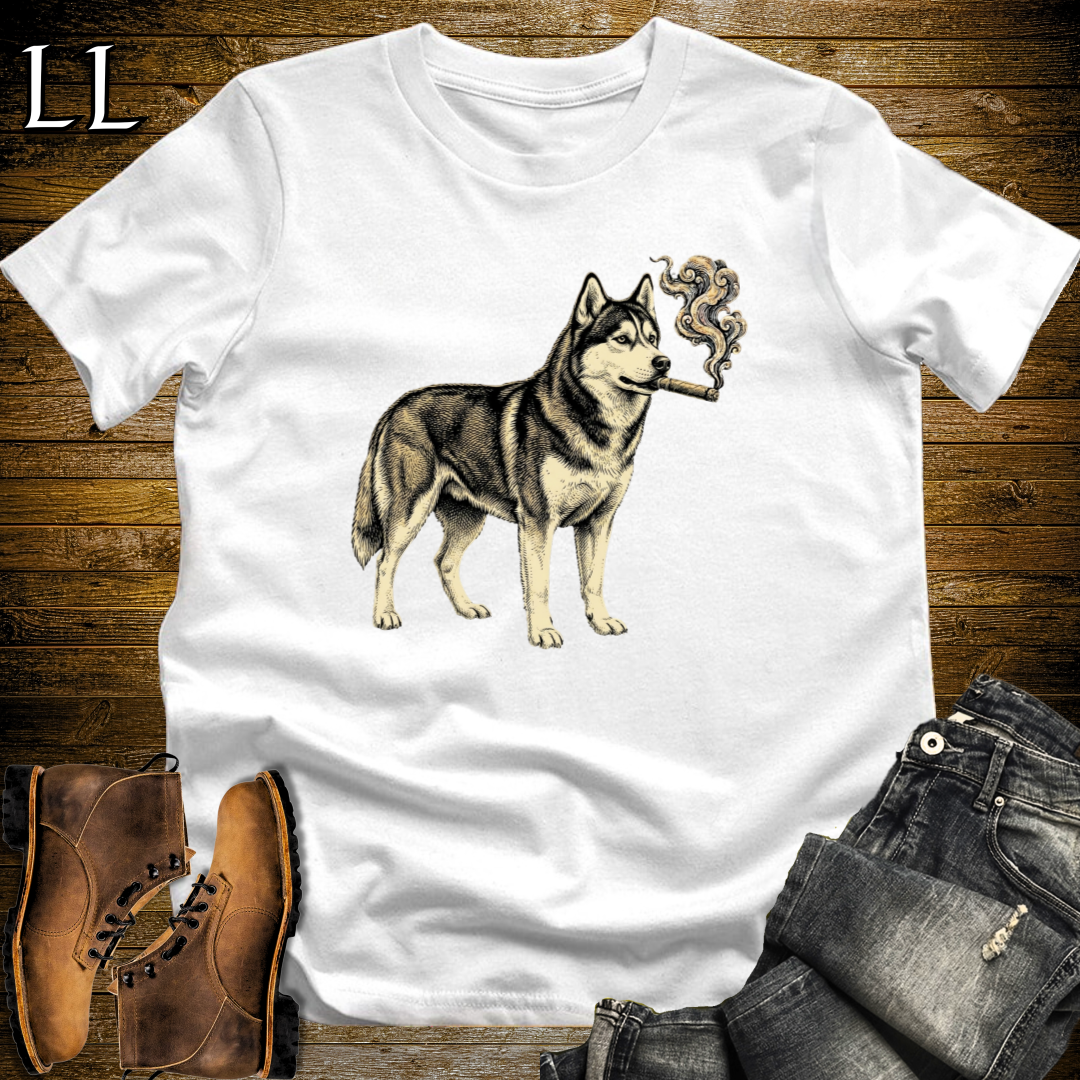 Vintage Cigar Siberian Husky T-Shirt White | Cigar Siberian Husky Dog Tee