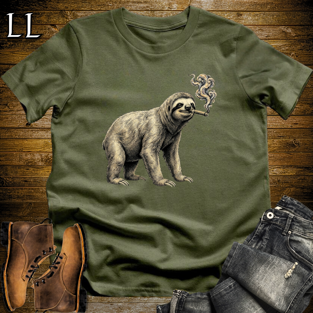 Vintage Cigar Sloth T-Shirt Military Green | Animal Graphic Tee