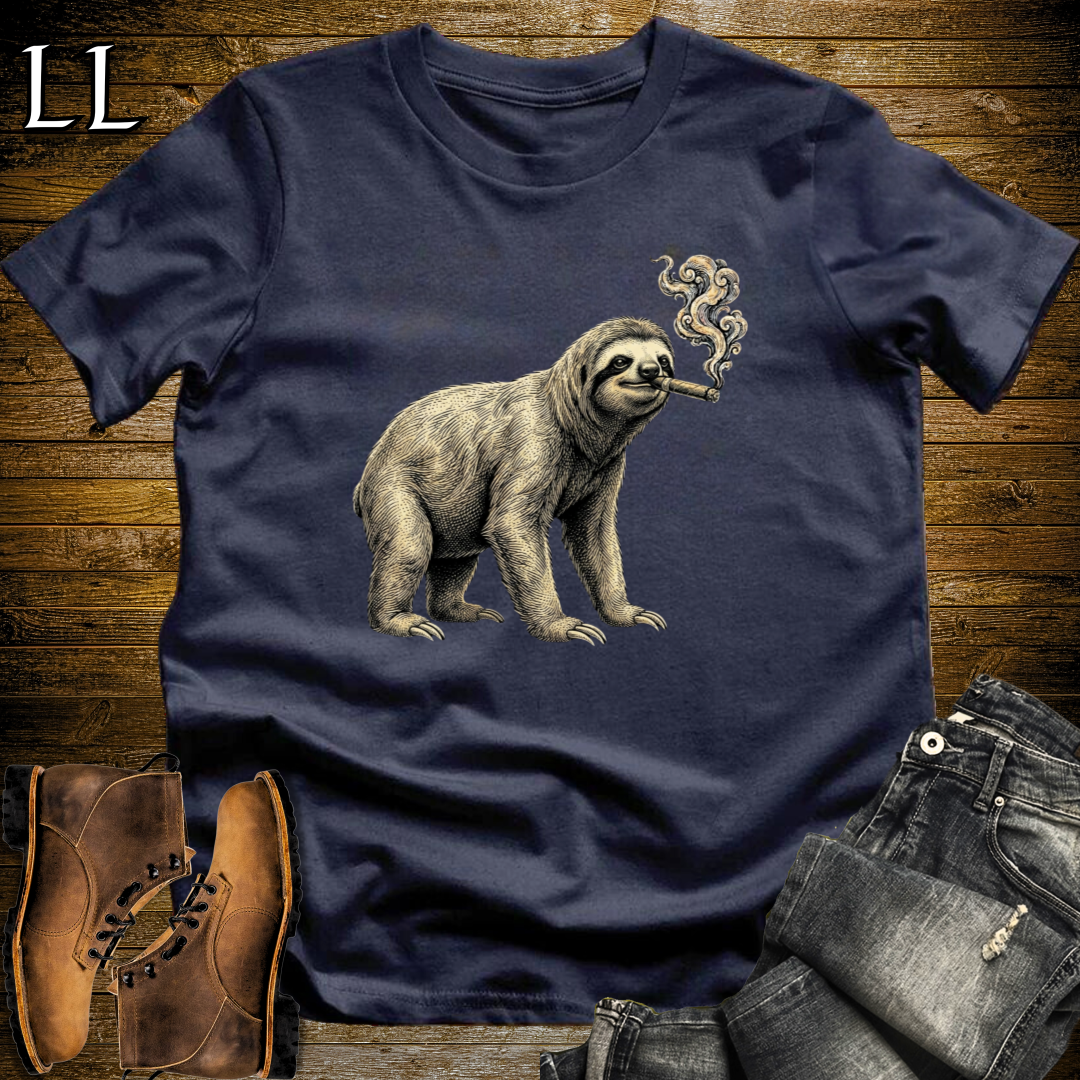 Vintage Cigar Sloth T-Shirt Navy | Animal Graphic Tee