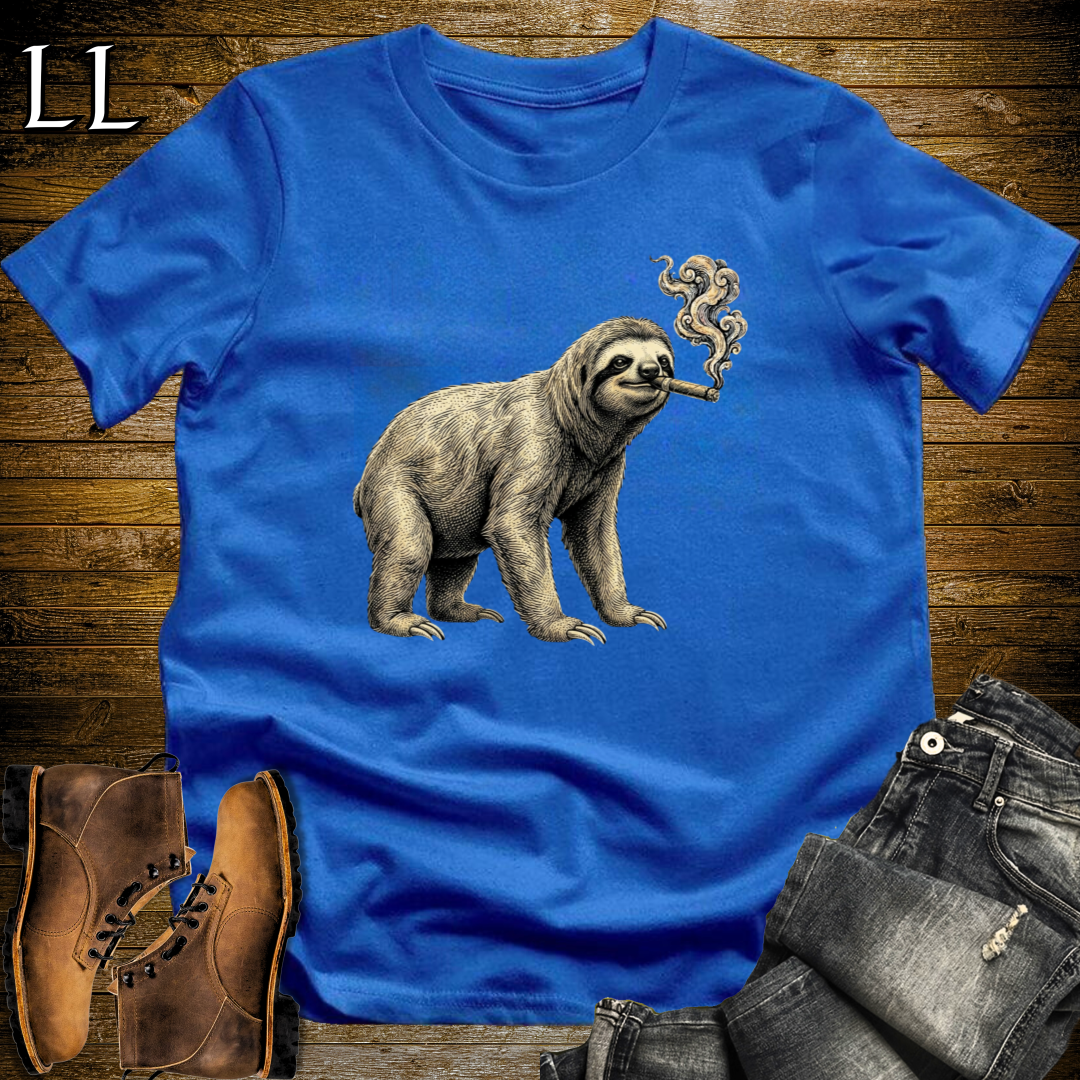 Vintage Cigar Sloth T-Shirt Royal Blue | Animal Graphic Tee