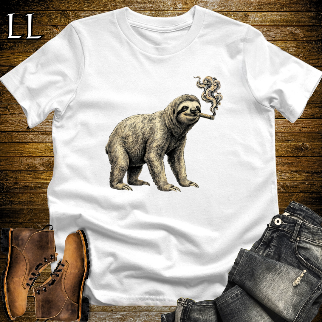 Vintage Cigar Sloth T-Shirt White | Animal Graphic Tee