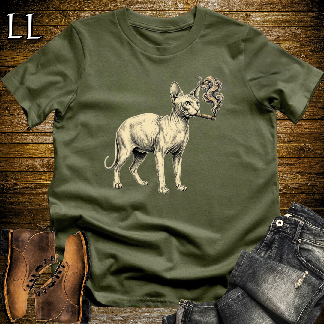 Vintage Cigar Sphynx Cat T-Shirt Military Green | Cat Lover Tee