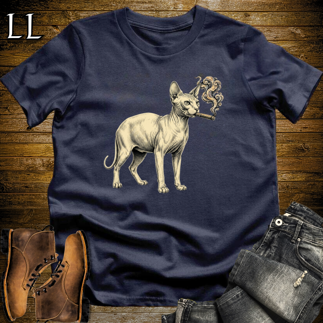 Vintage Cigar Sphynx Cat T-Shirt Navy | Cat Lover Tee