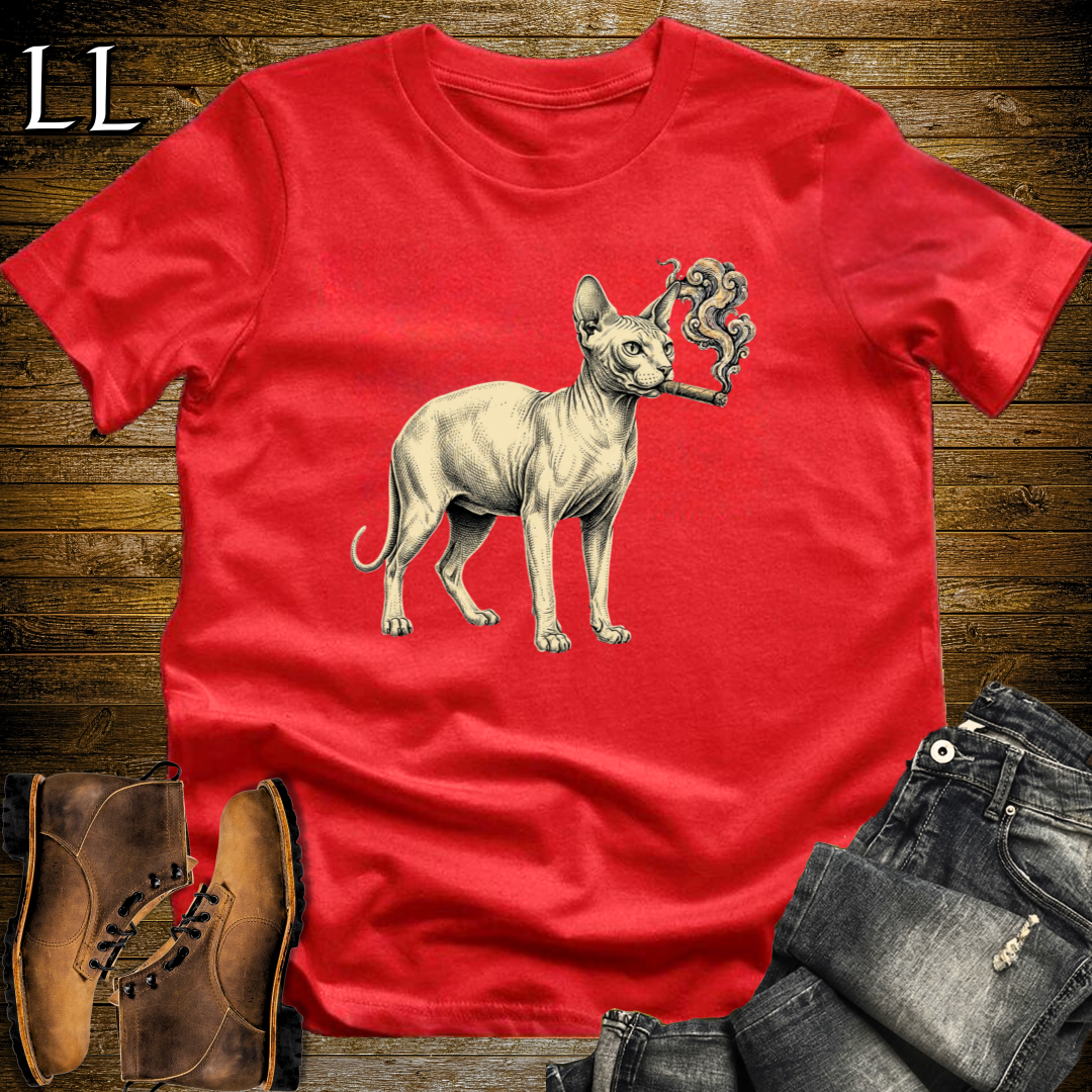 Vintage Cigar Sphynx Cat T-Shirt Red | Cat Lover Tee