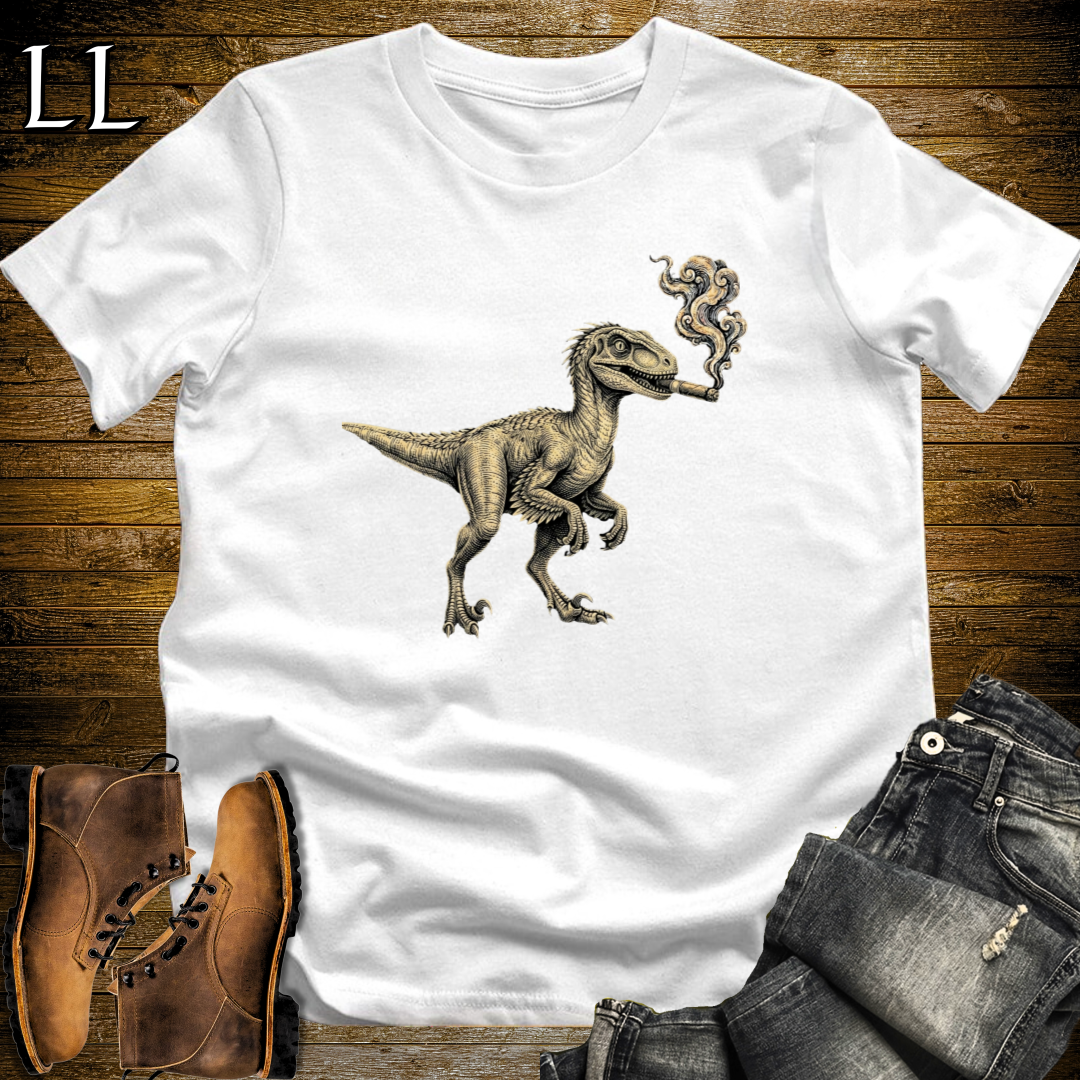 Vintage Cigar Velociraptor T-Shirt White | Cigar Velociraptor Dino Tee