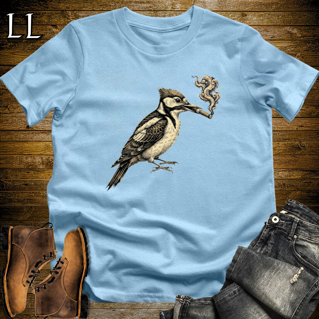 Vintage Cigar Woodpecker T-Shirt Light Blue | Funny Cigar Bird Tee