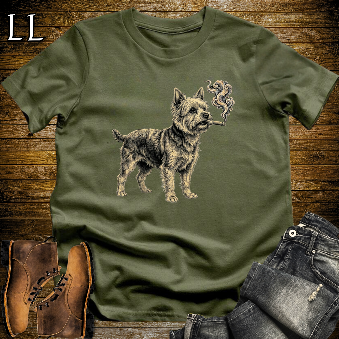Vintage Cigar Yorkshire Terrier T-Shirt Military Green | Cigar Yorkie Graphic Tee