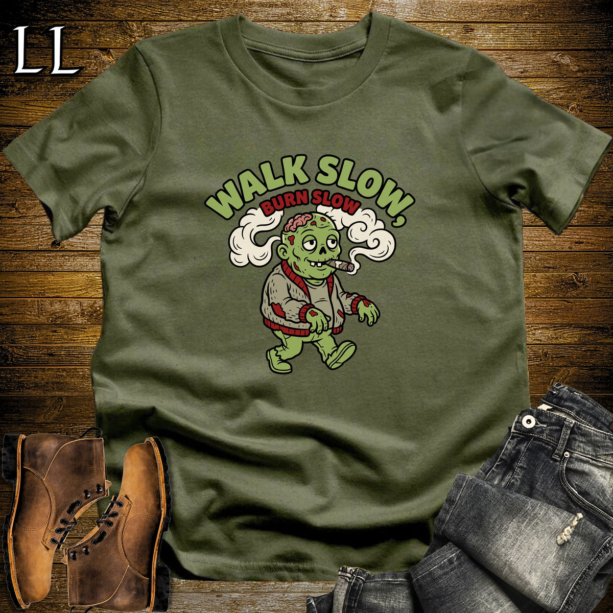 Walk Slow Burn Slow Zombie Cardigan Cigar T-Shirt Military Green | Zombie Cigar Tee