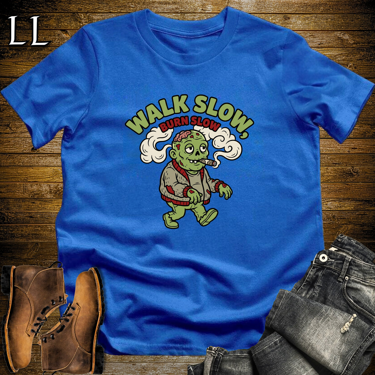 Walk Slow Burn Slow Zombie Cardigan Cigar T-Shirt Royal | Zombie Cigar Tee