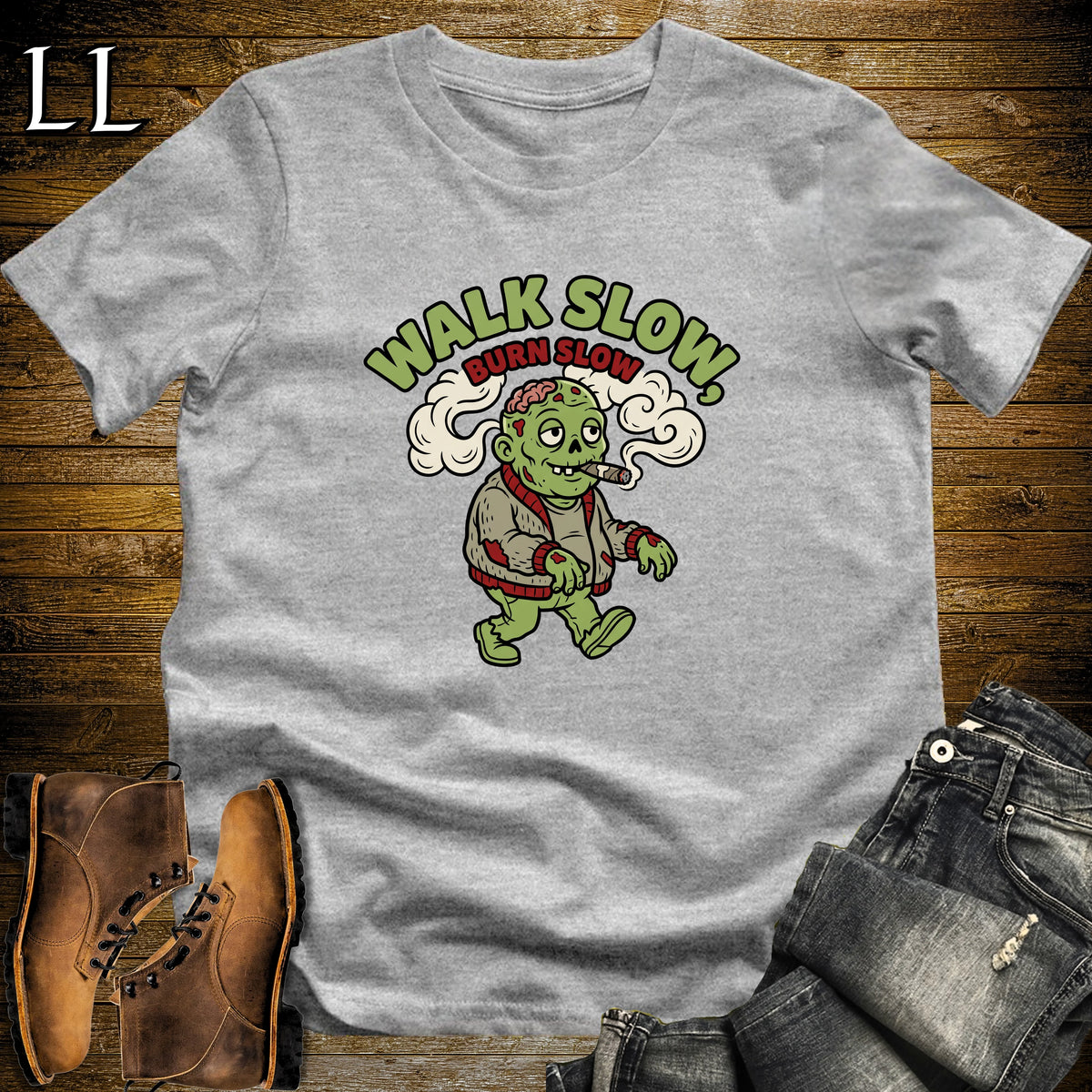 Walk Slow Burn Slow Zombie Cardigan Cigar T-Shirt Sport Grey | Zombie Cigar Tee
