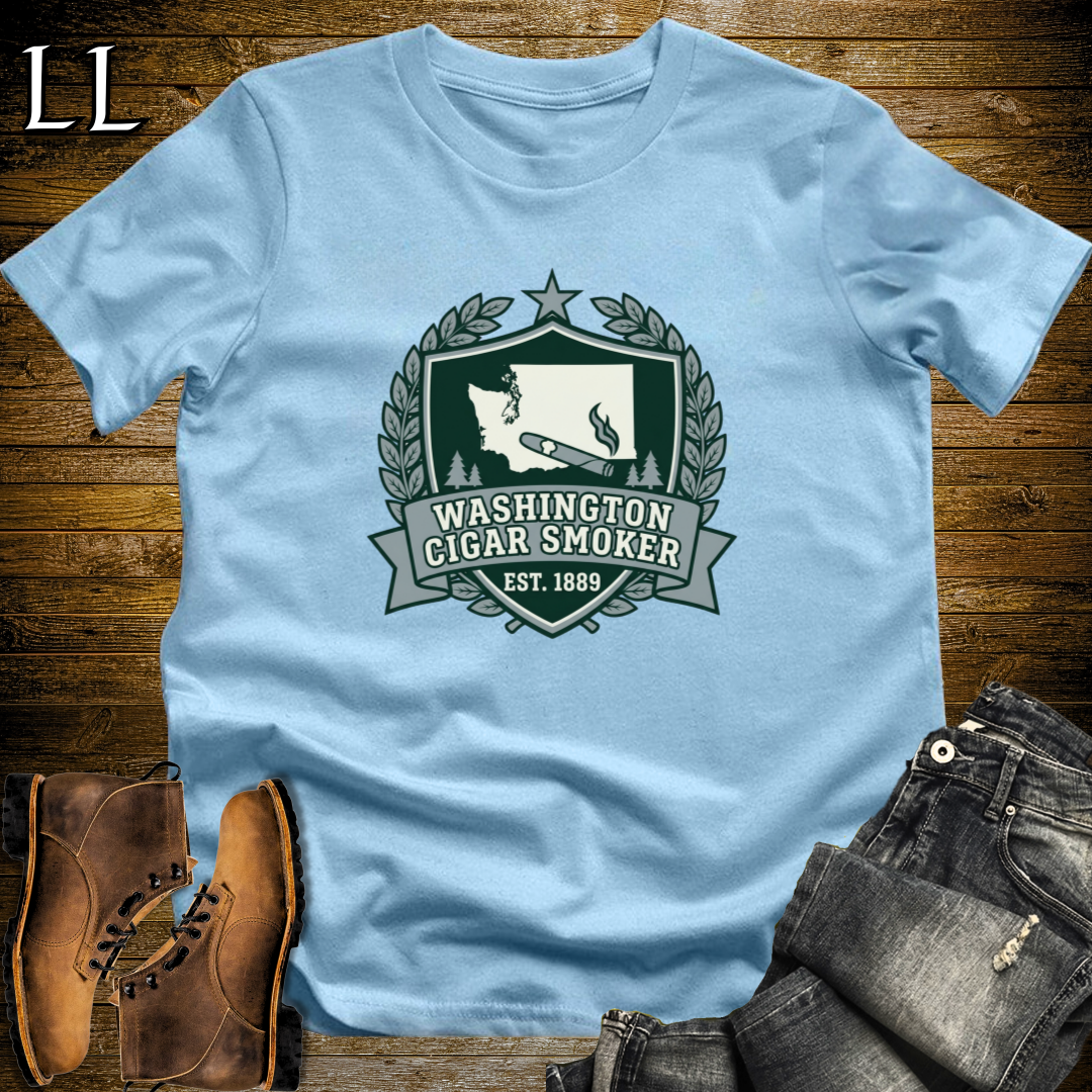 Washington Cigar Smoker Shield T-Shirt Light Blue | Washington Cigar Crest Gift Tee