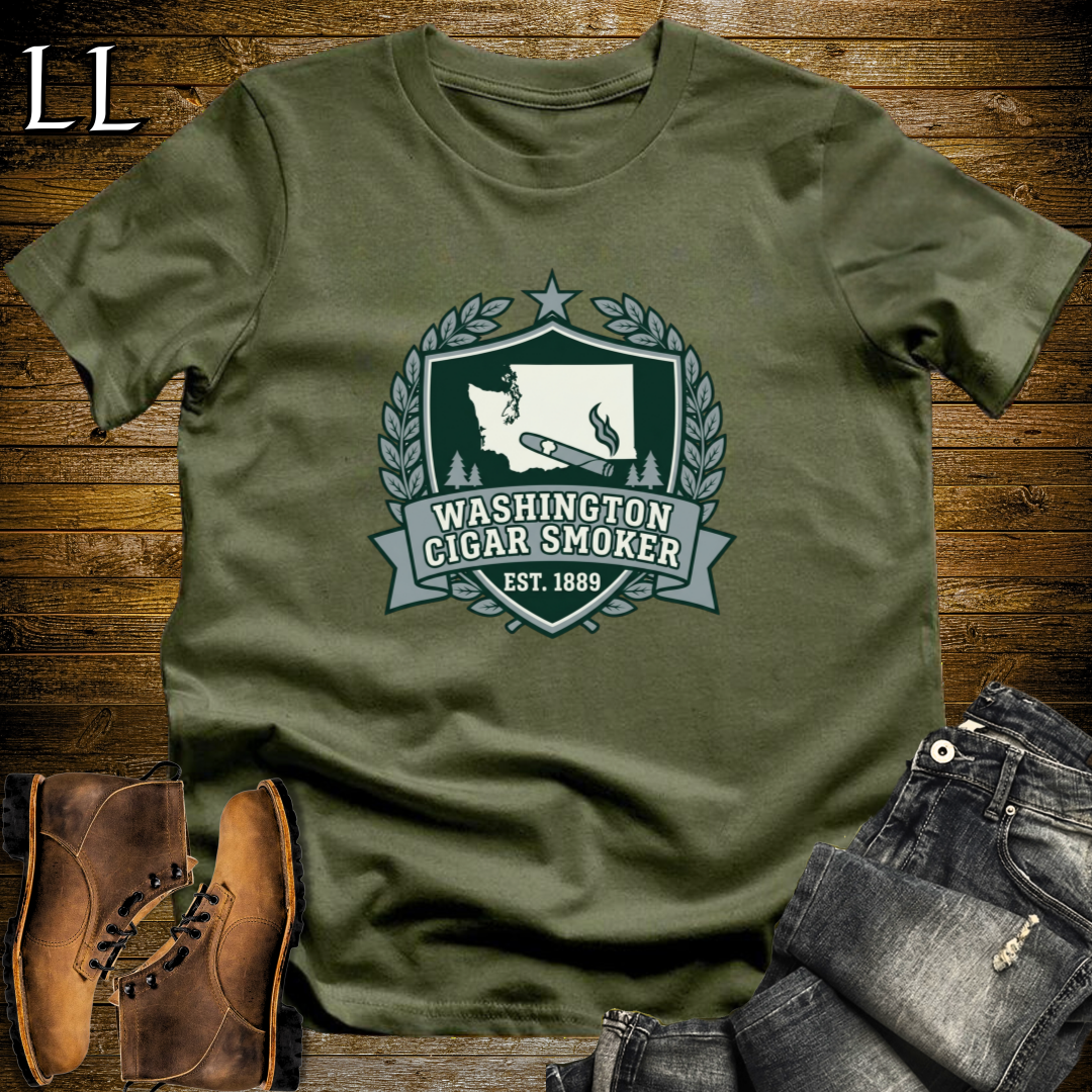 Washington Cigar Smoker Shield T-Shirt Military Green | Washington Cigar Crest Gift Tee