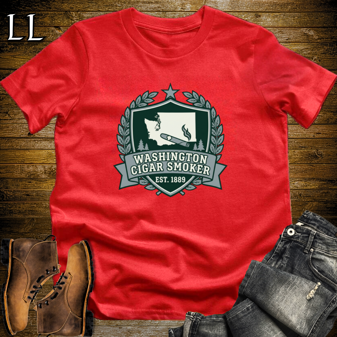 Washington Cigar Smoker Shield T-Shirt Red | Washington Cigar Crest Gift Tee