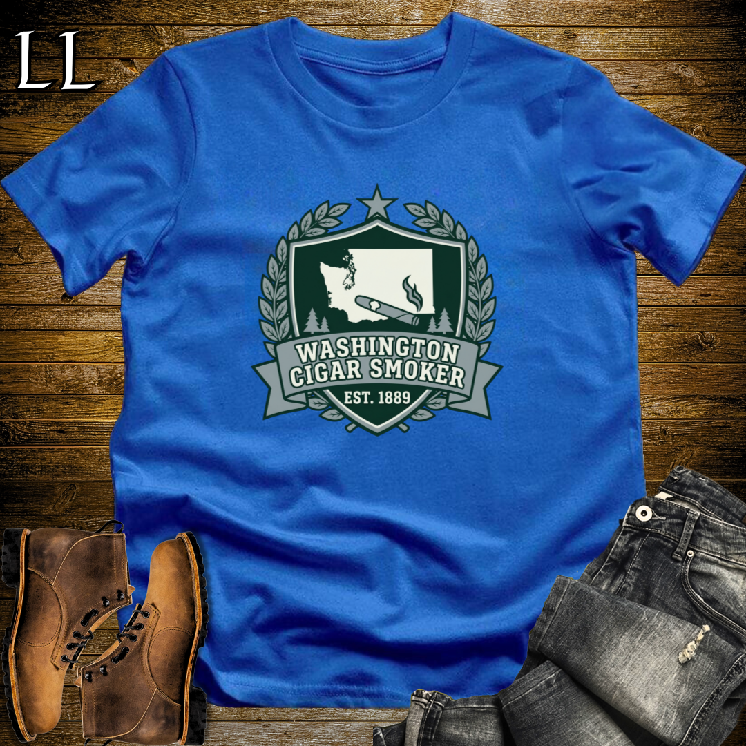 Washington Cigar Smoker Shield T-Shirt Royal Blue | Washington Cigar Crest Gift Tee