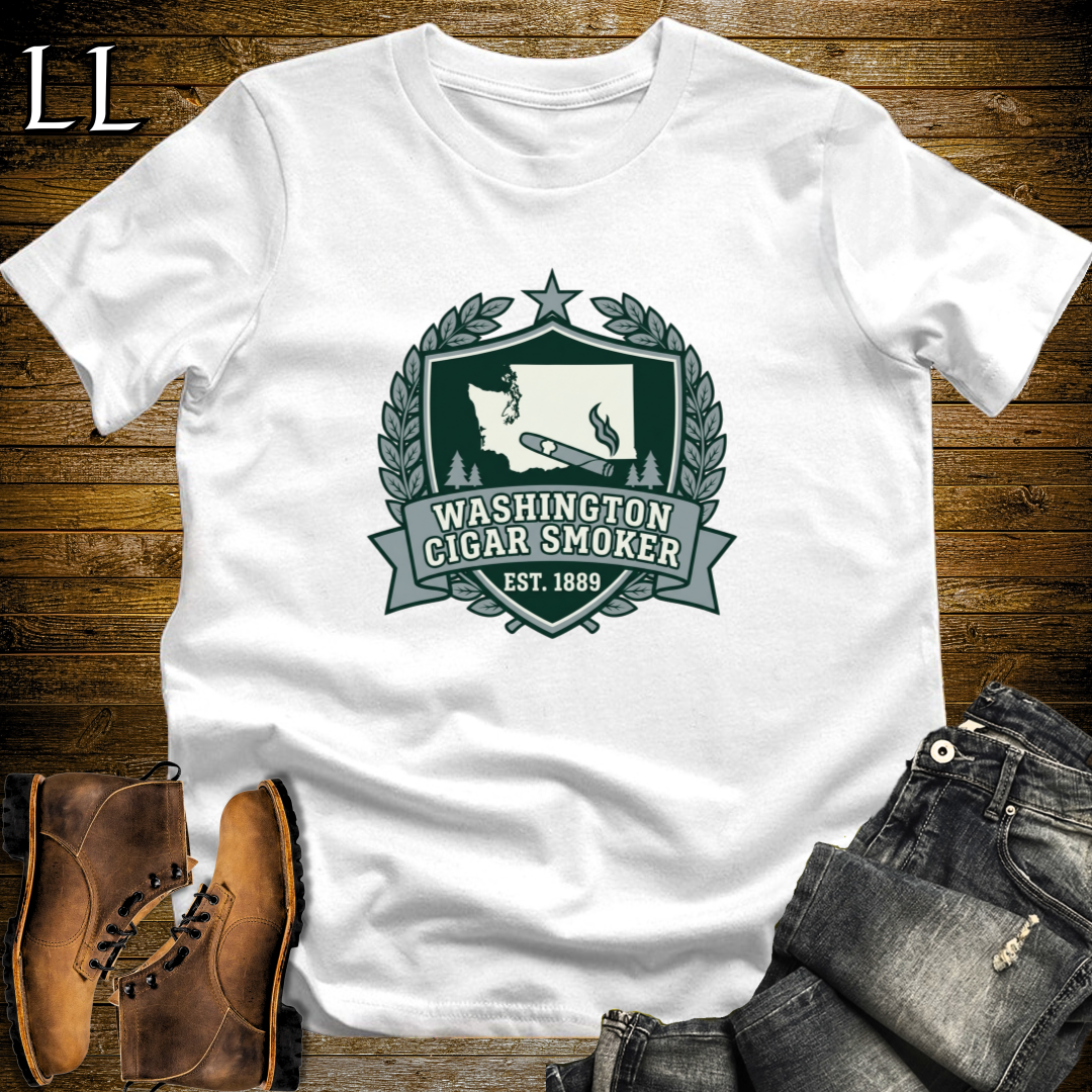 Washington Cigar Smoker Shield T-Shirt White | Washington Cigar Crest Gift Tee