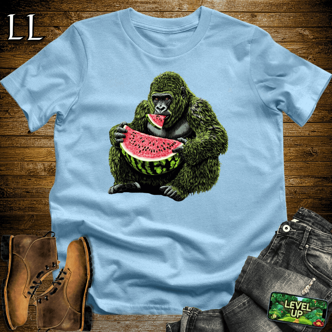 Watermelon Gorilla Softstyle Tee Light Blue | Funny Fruit Gorilla Tee