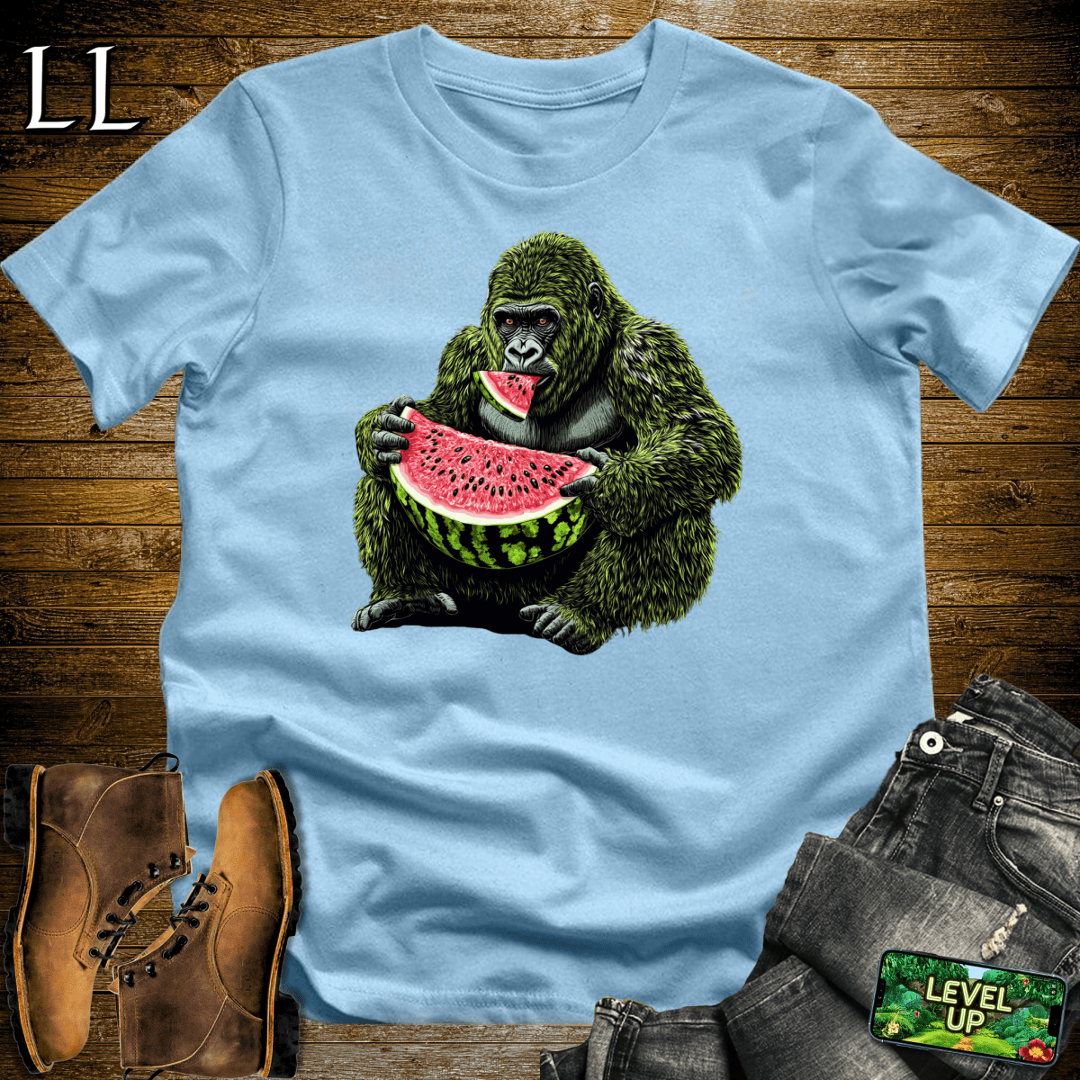Watermelon Gorilla Softstyle Tee Light Blue | Funny Fruit Gorilla Tee