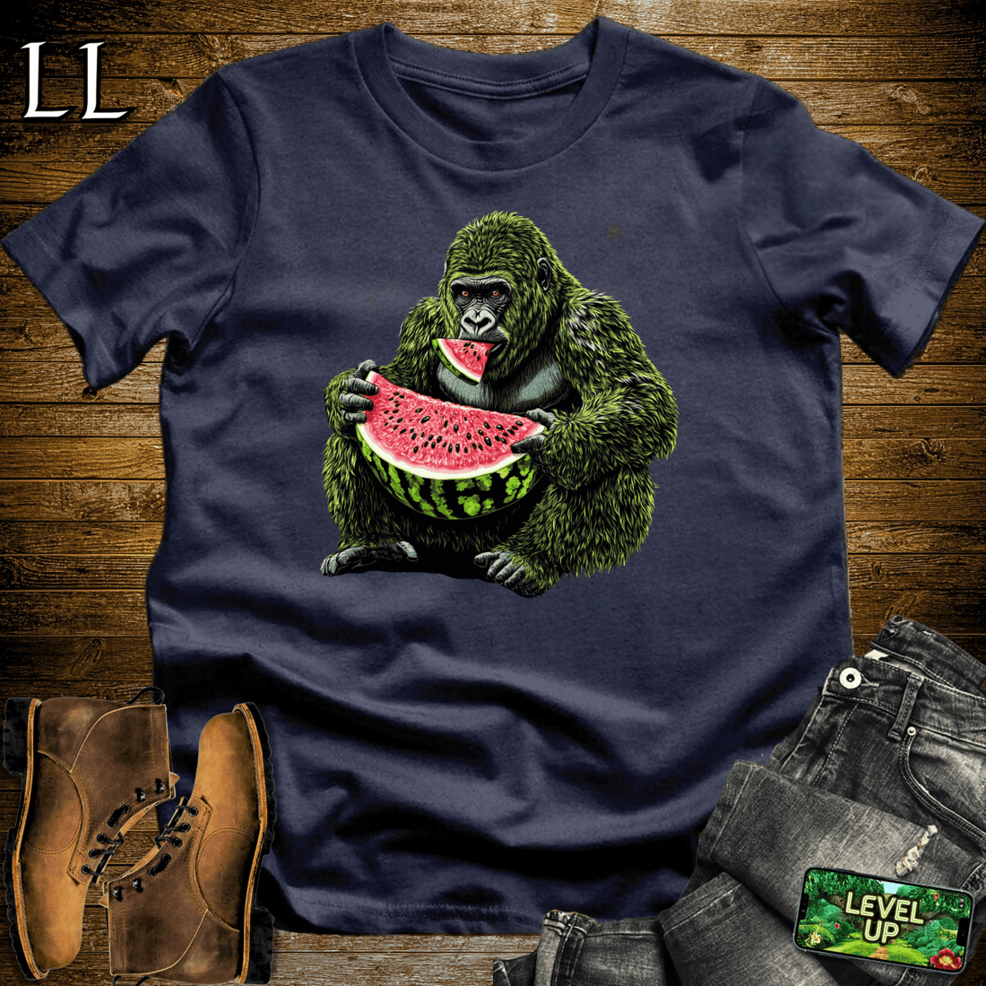 Watermelon Gorilla Softstyle Tee Navy | Funny Fruit Gorilla Tee