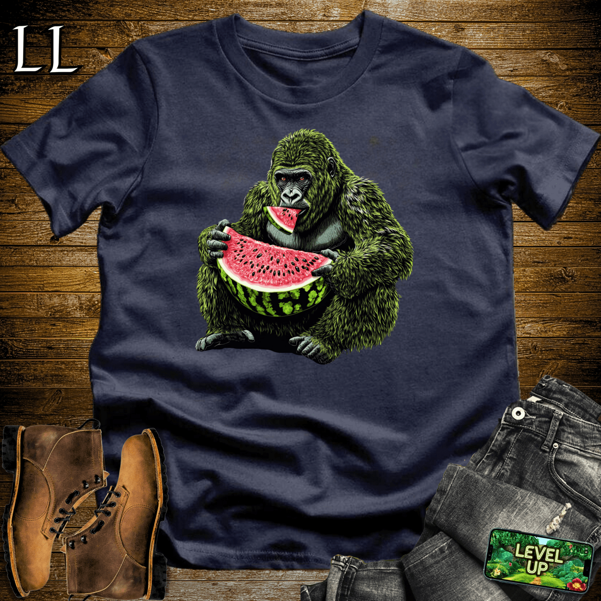 Watermelon Gorilla Softstyle Tee Navy | Funny Fruit Gorilla Tee