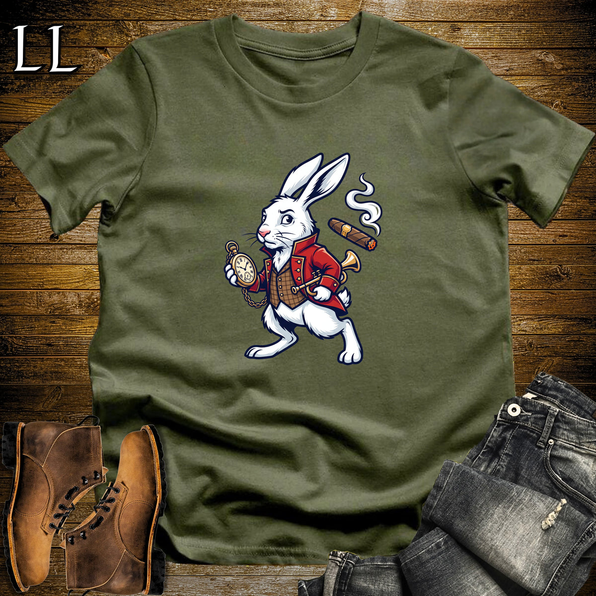 White Rabbit Running Late Cigar T-Shirt Military Green | White Rabbit Cigar Halloween Tee