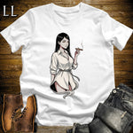 Clara's Smoke Break Cigar Girl T-Shirt White | Cigar Pin-Up Girl Tee