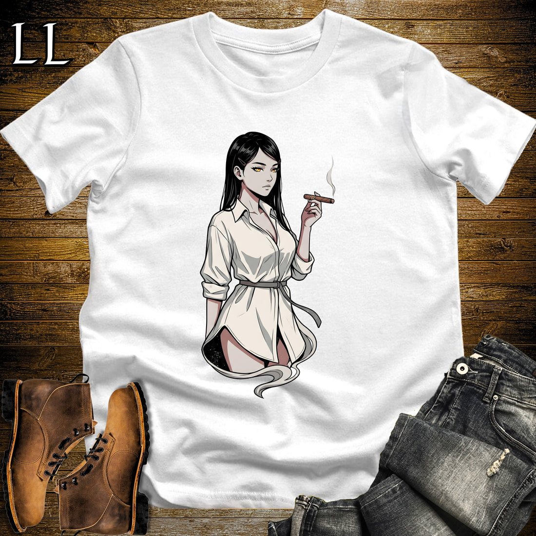 Clara's Smoke Break Cigar Girl T-Shirt White | Cigar Pin-Up Girl Tee