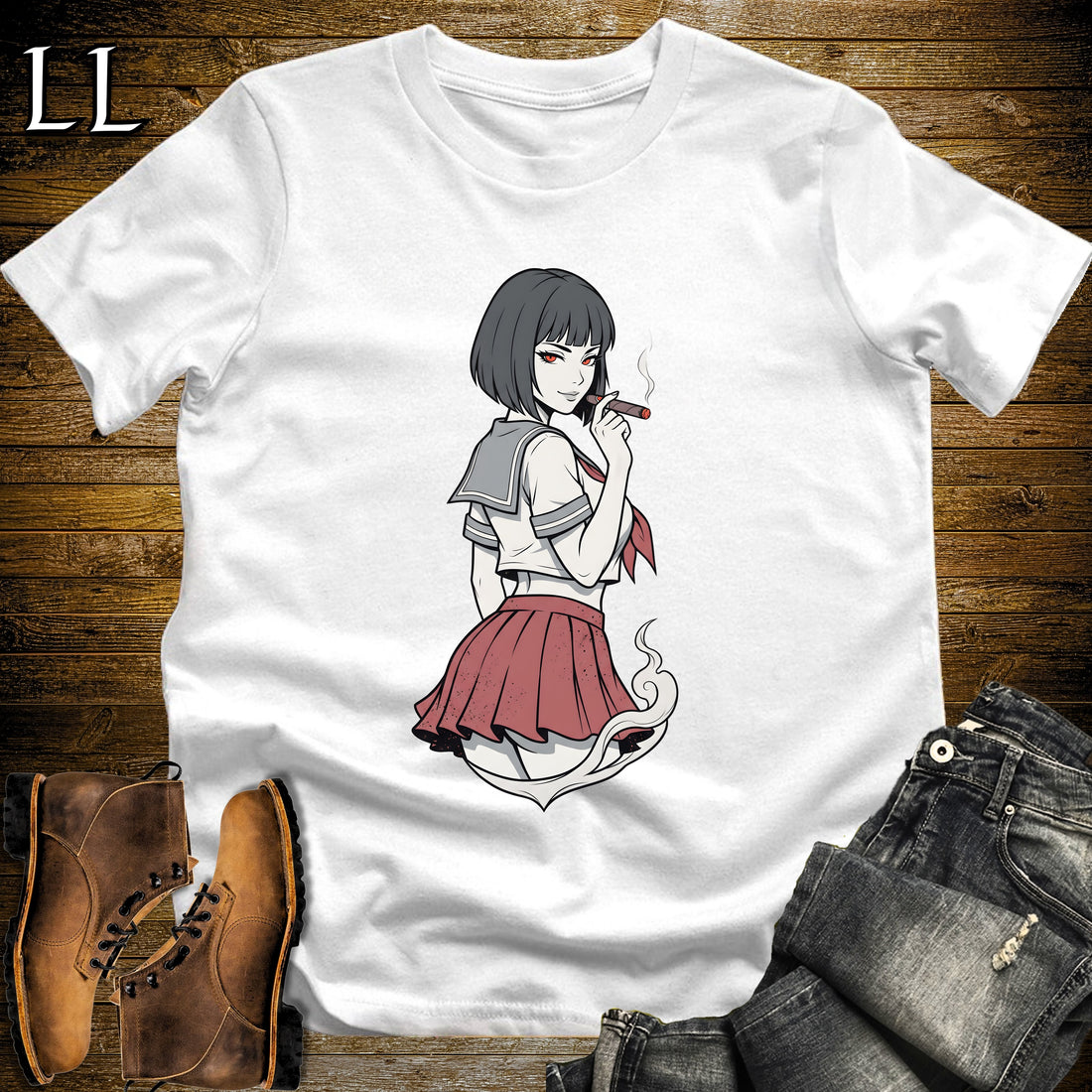 Sakura's Smoke Break Cigar Girl T-Shirt White | Cigar Pin-Up Girl Tee