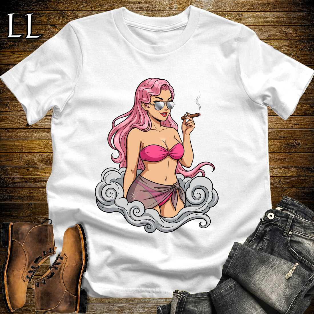 Rosa's Smoke Break Cigar Girl T-Shirt White | Cigar Pin-Up Girl Tee