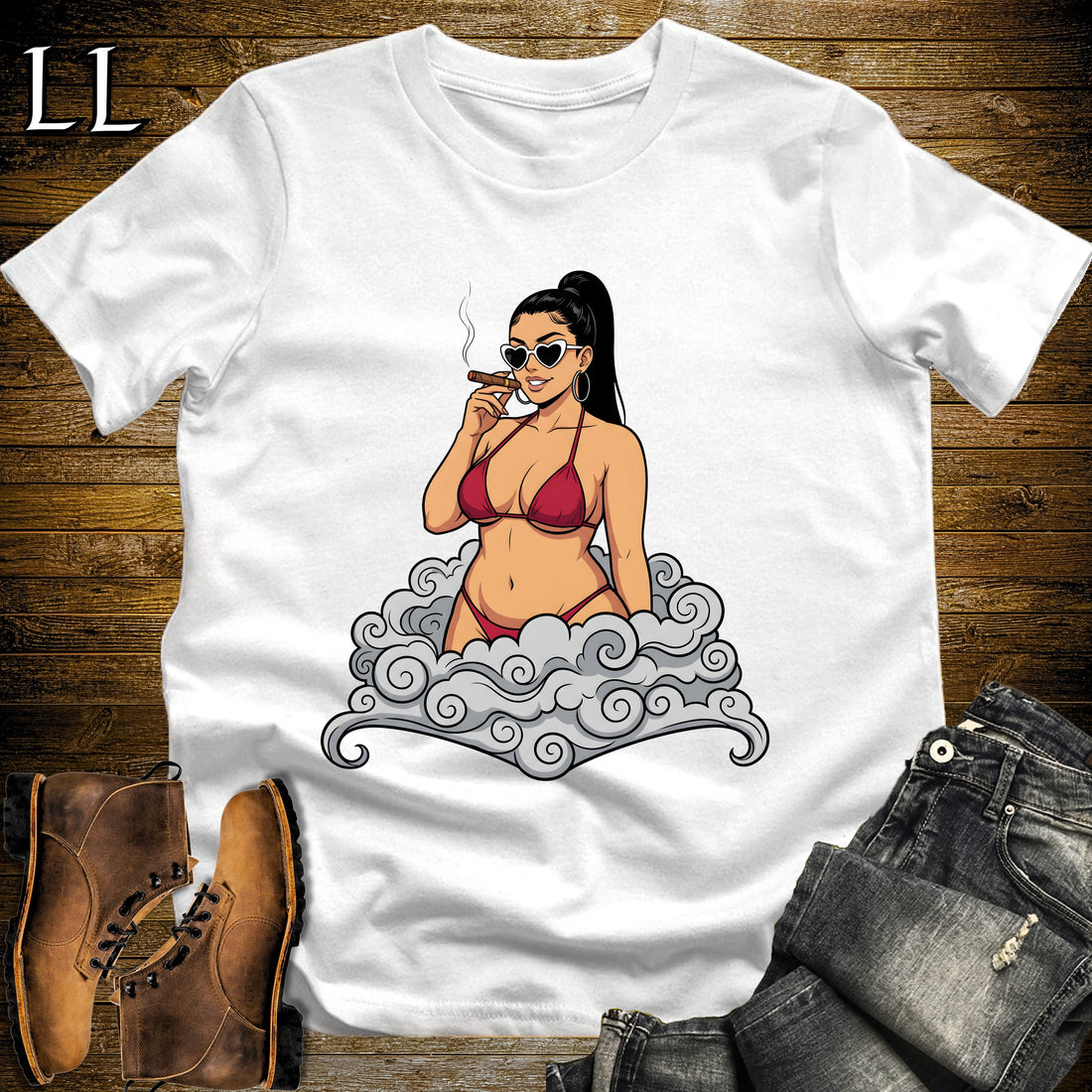 Valentina's Smoke Break Cigar Girl T-Shirt White | Cigar Pin-Up Girl Tee