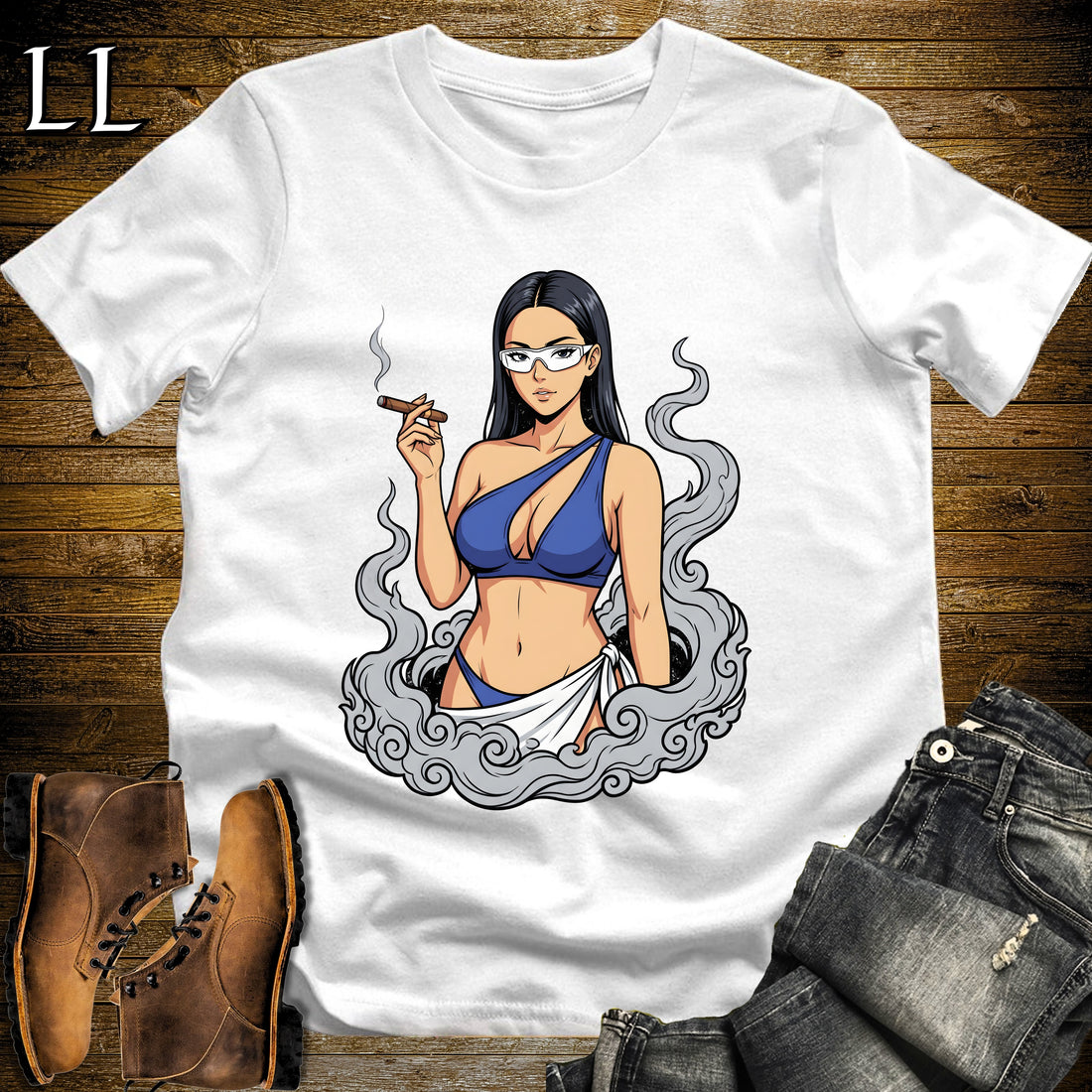 Azura's Smoke Break Cigar Girl T-Shirt White | Cigar Pin-Up Girl Tee