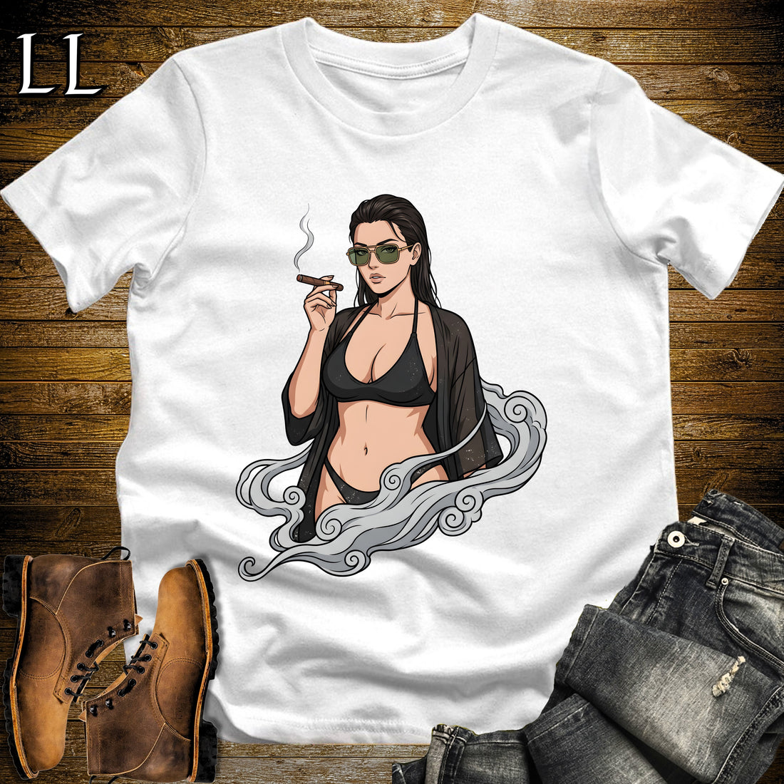 Oscura's Smoke Break Cigar Girl T-Shirt White | Cigar Pin-Up Girl Tee