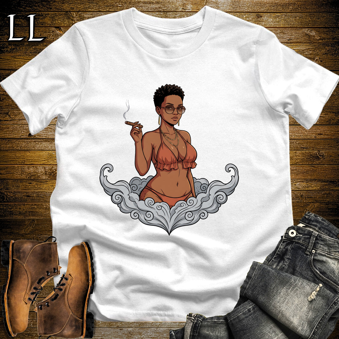 Sienna's Smoke Break Cigar Girl T-Shirt White | Cigar Pin-Up Girl Tee