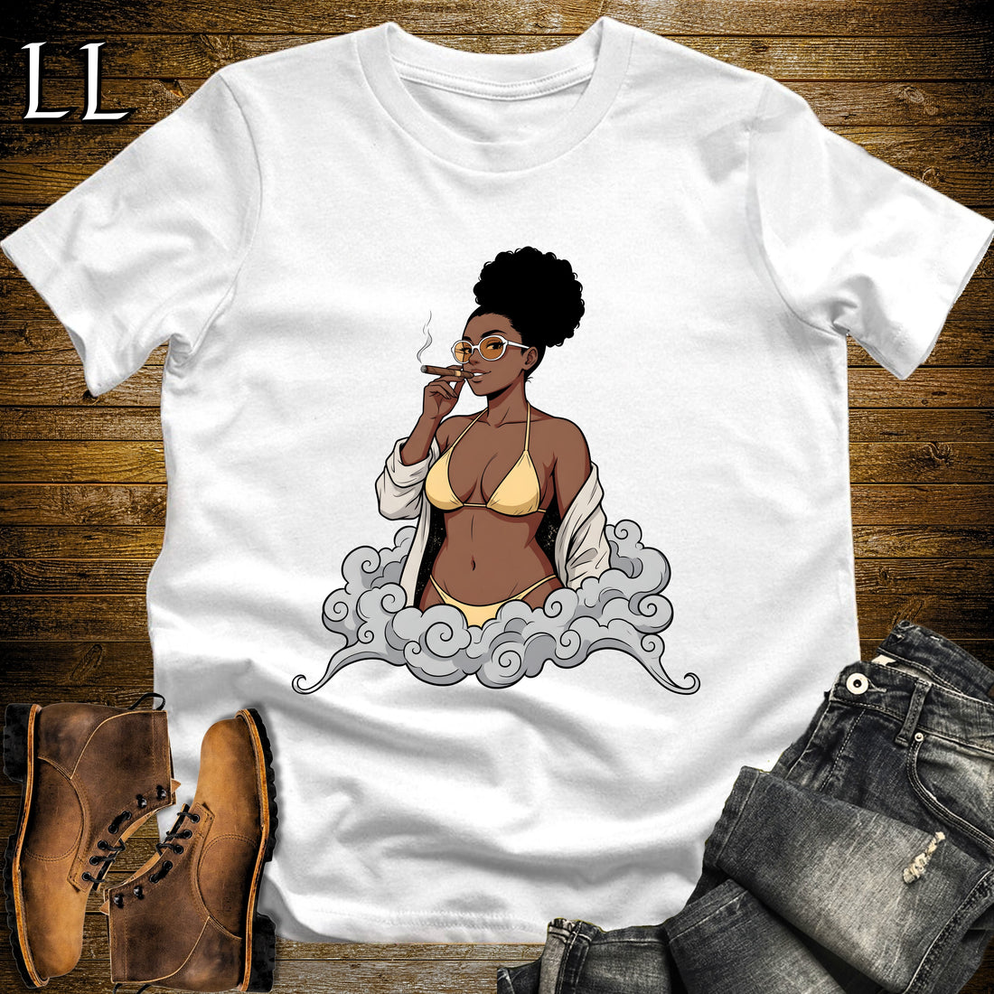 Solana's Smoke Break Cigar Girl T-Shirt White | Cigar Pin-Up Girl Tee