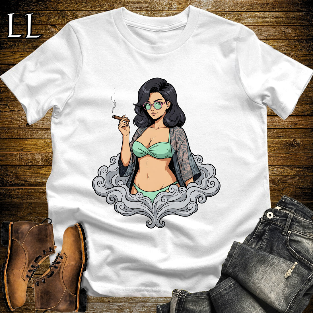 Candela's Smoke Break Cigar Girl T-Shirt White | Cigar Pin-Up Girl Tee