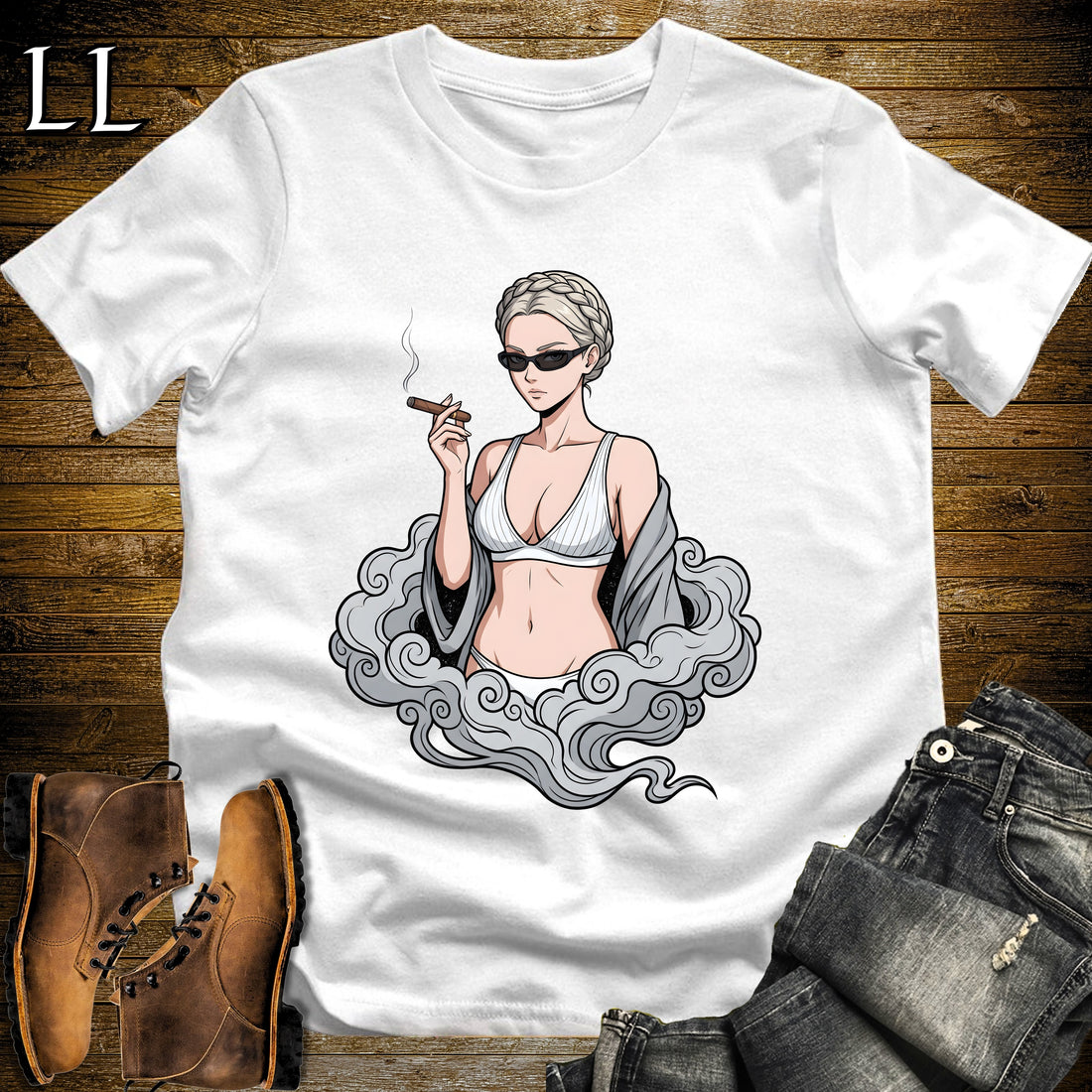 Perla's Smoke Break Cigar Girl T-Shirt White | Cigar Pin-Up Girl Tee