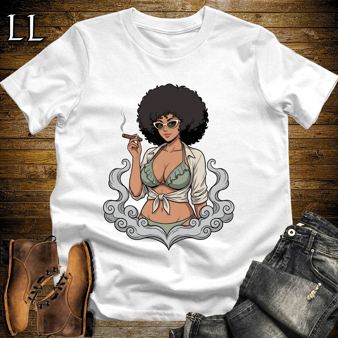 Coco's Smoke Break Cigar Girl T-Shirt White | Cigar Pin-Up Girl Tee