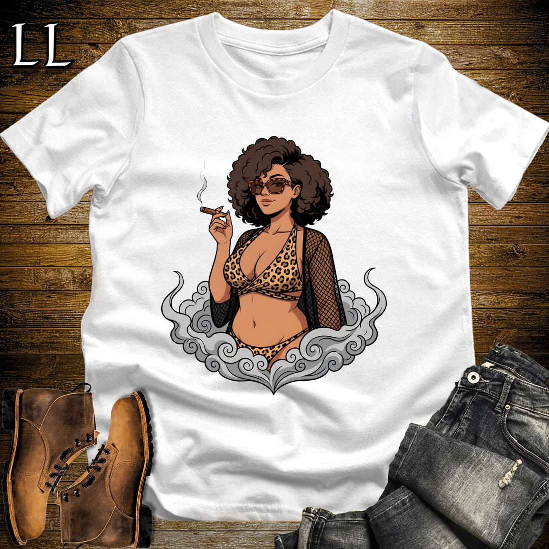 Leona's Smoke Break Cigar Girl T-Shirt White | Cigar Pin-Up Girl Tee