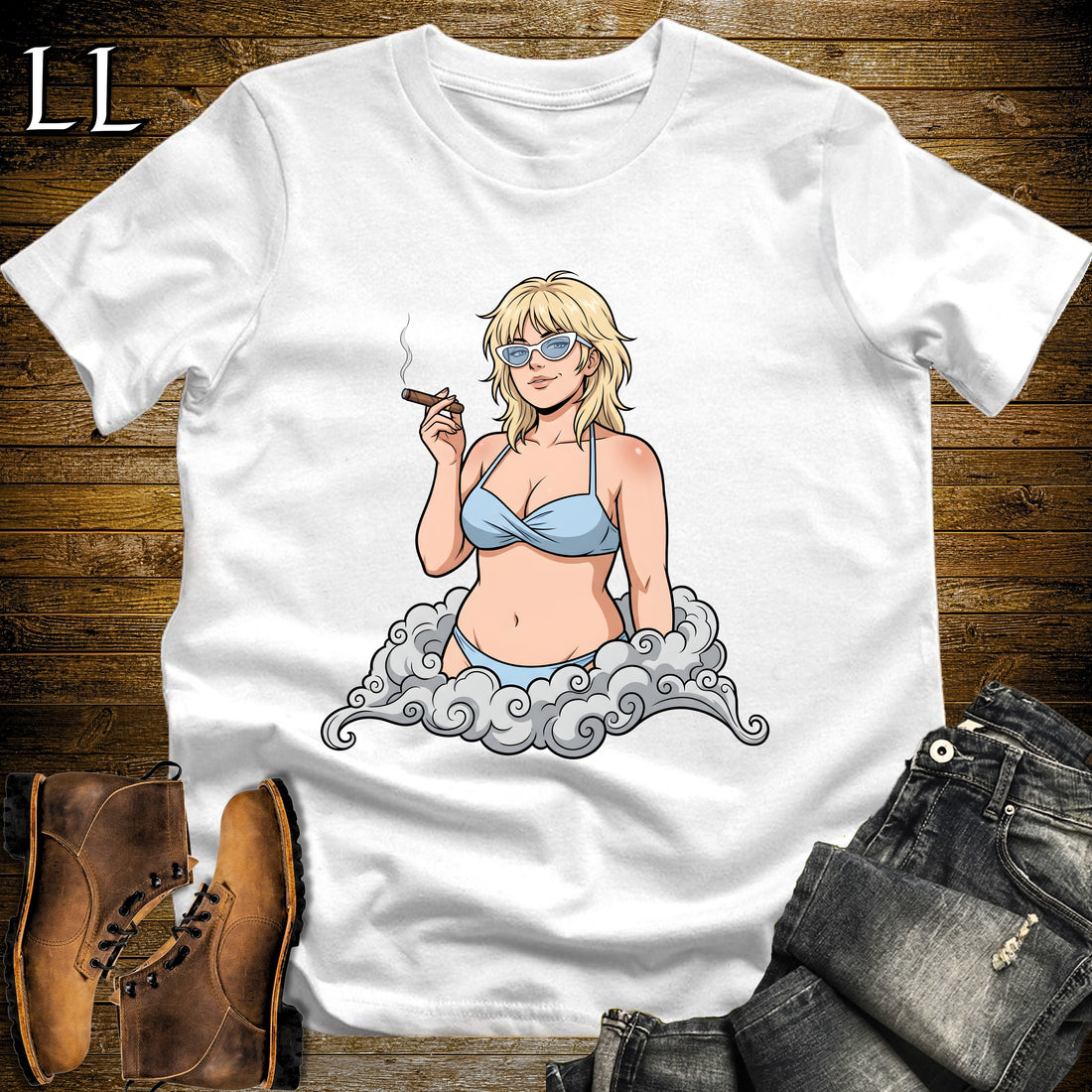 Celeste's Smoke Break Cigar Girl T-Shirt White | Cigar Pin-Up Girl Tee