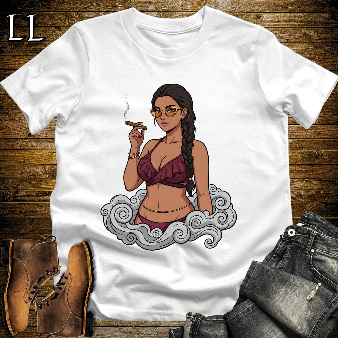 Reina's Smoke Break Cigar Girl T-Shirt White | Cigar Pin-Up Girl Tee