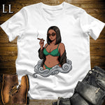 Esmeralda's Smoke Break Cigar Girl T-Shirt White | Cigar Pin-Up Girl Tee
