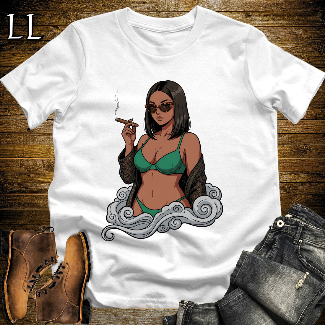 Esmeralda's Smoke Break Cigar Girl T-Shirt White | Cigar Pin-Up Girl Tee