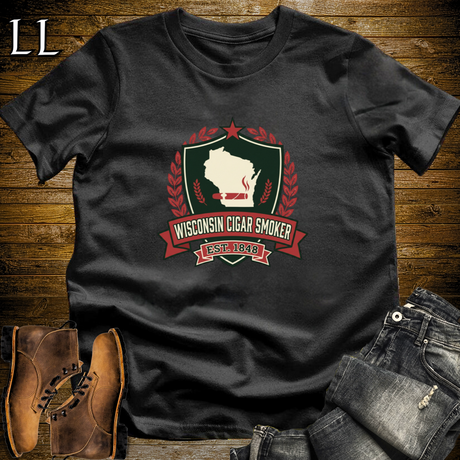 Wisconsin Cigar Smoker Shield T-Shirt Black | Wisconsin Cigar Crest Gift Tee
