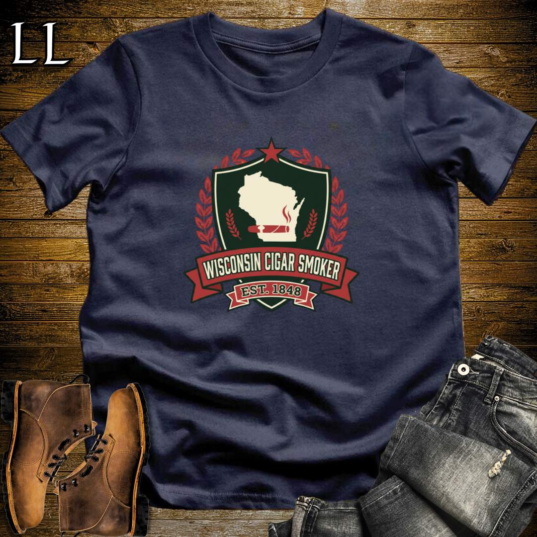 Wisconsin Cigar Smoker Shield T-Shirt Navy | Wisconsin Cigar Crest Gift Tee